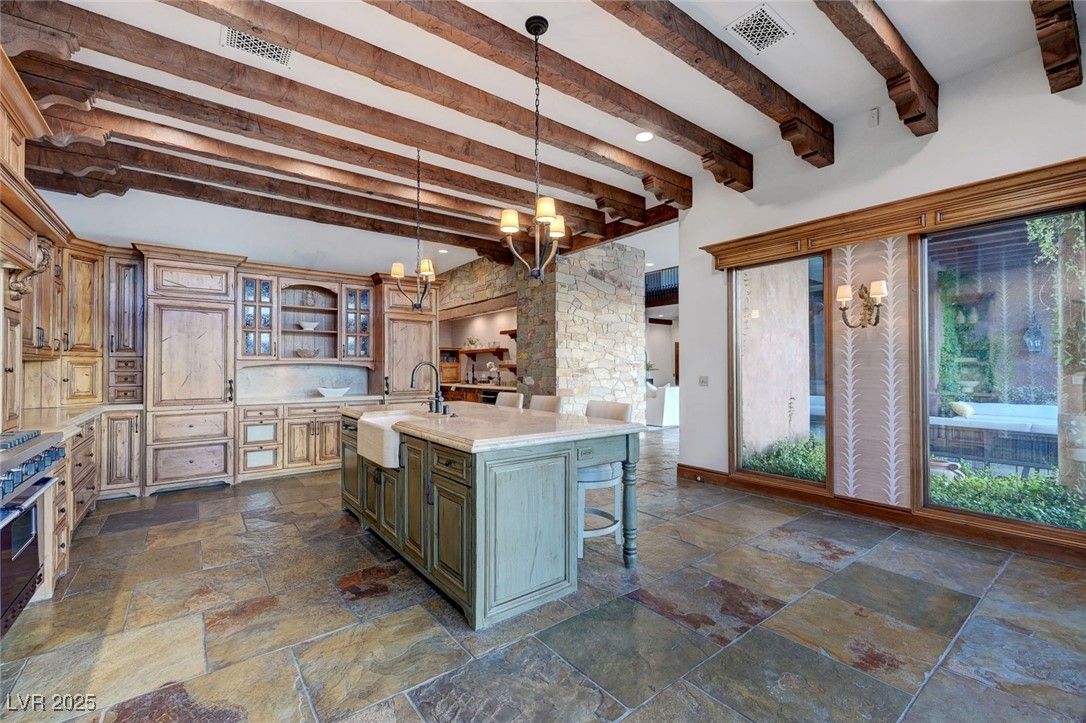 Interior, Kitchen, Pendant Lights, Recessed Lighting, Wooden Beams