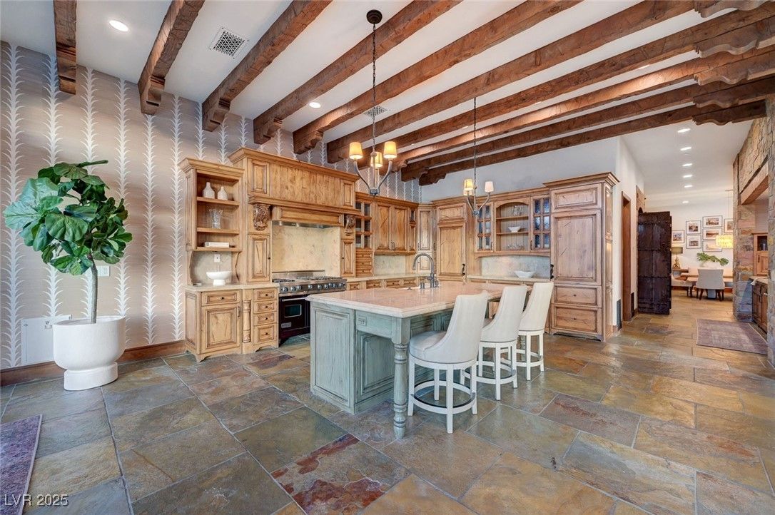Chandelier, Interior, Kitchen, Pendant Lights, Recessed Lighting, Stainless Steel Appliances, Wooden Beams