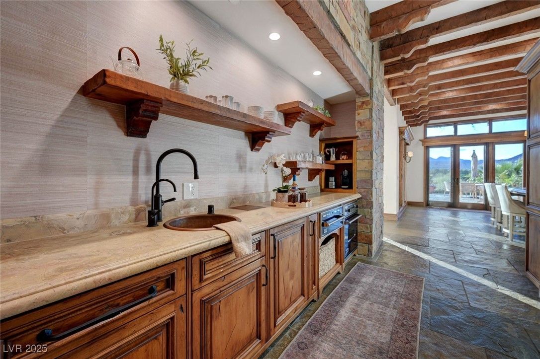 Interior, Kitchen, Recessed Lighting, Stainless Steel Appliances, Stone Walls, Wooden Beams
