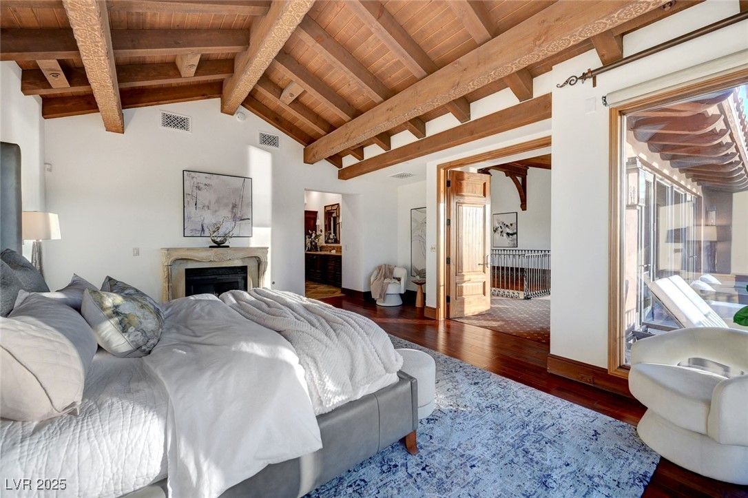 Bedroom, Fireplace, Interior, Wooden Beams, Wooden Ceilings, Wood Texture Flooring