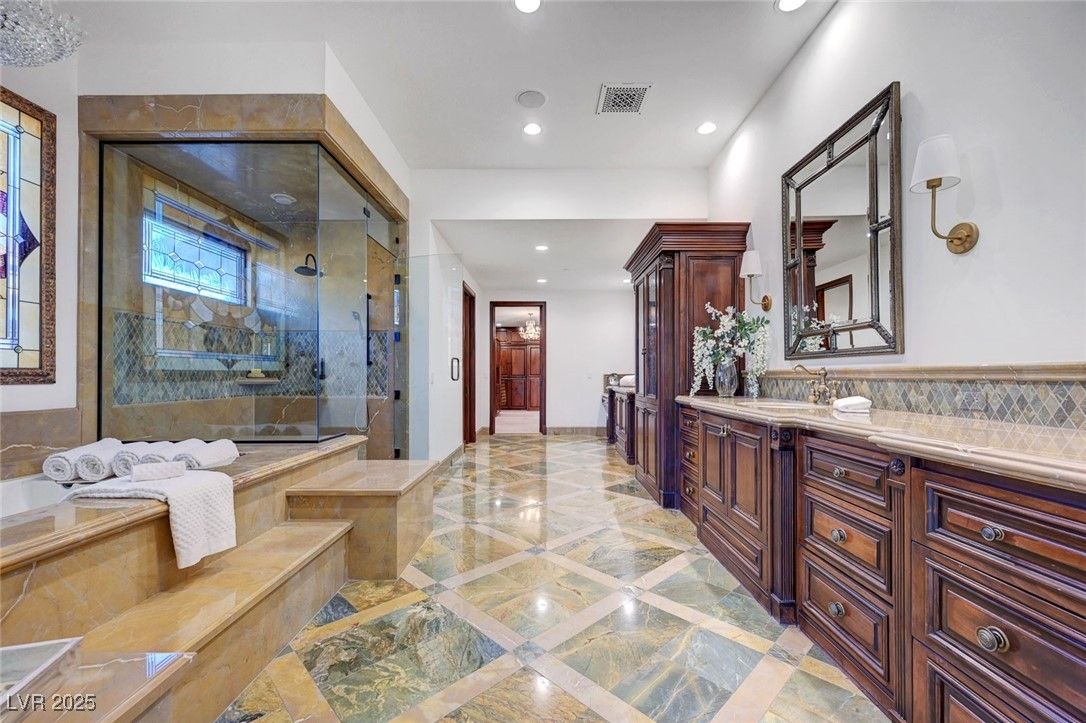 Bathroom, Dual Sink Vanities, Glass Shower, Interior, Recessed Lighting