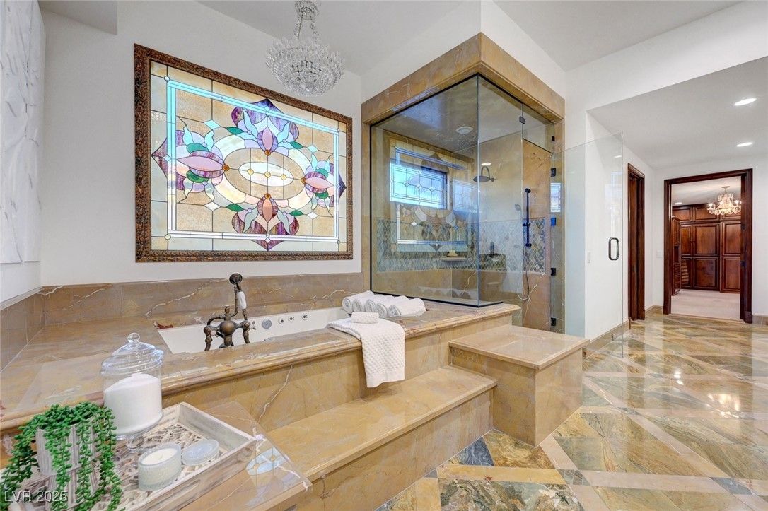 Bathroom, Chandelier, Glass Shower, Interior, Recessed Lighting