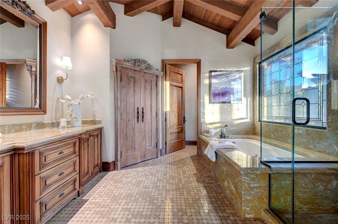 Bathroom, Glass Shower, Interior, Wooden Beams, Wooden Ceilings