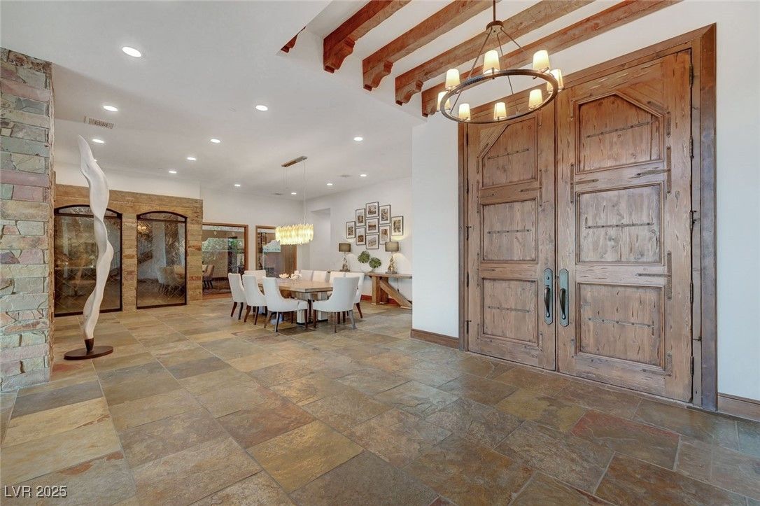 Chandelier, Dining room, Interior, Recessed Lighting, Wooden Beams