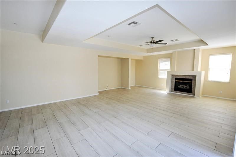 Empty room, Fireplace, Interior, Recessed Lighting, Wood Texture Flooring