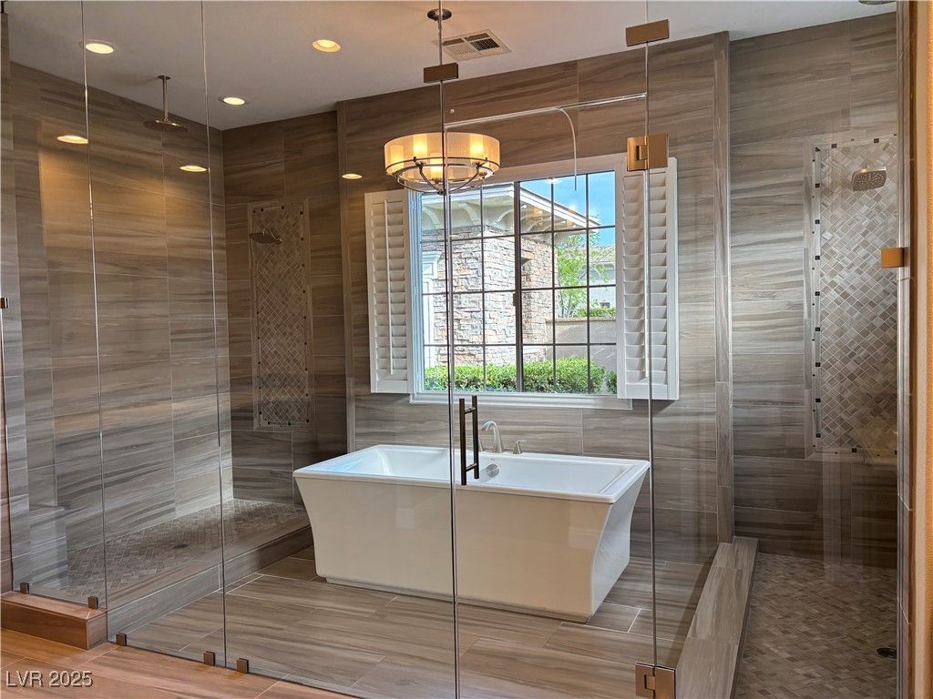Bathroom, Free Standing Baths, Glass Shower, Interior, Pendant Lights, Recessed Lighting