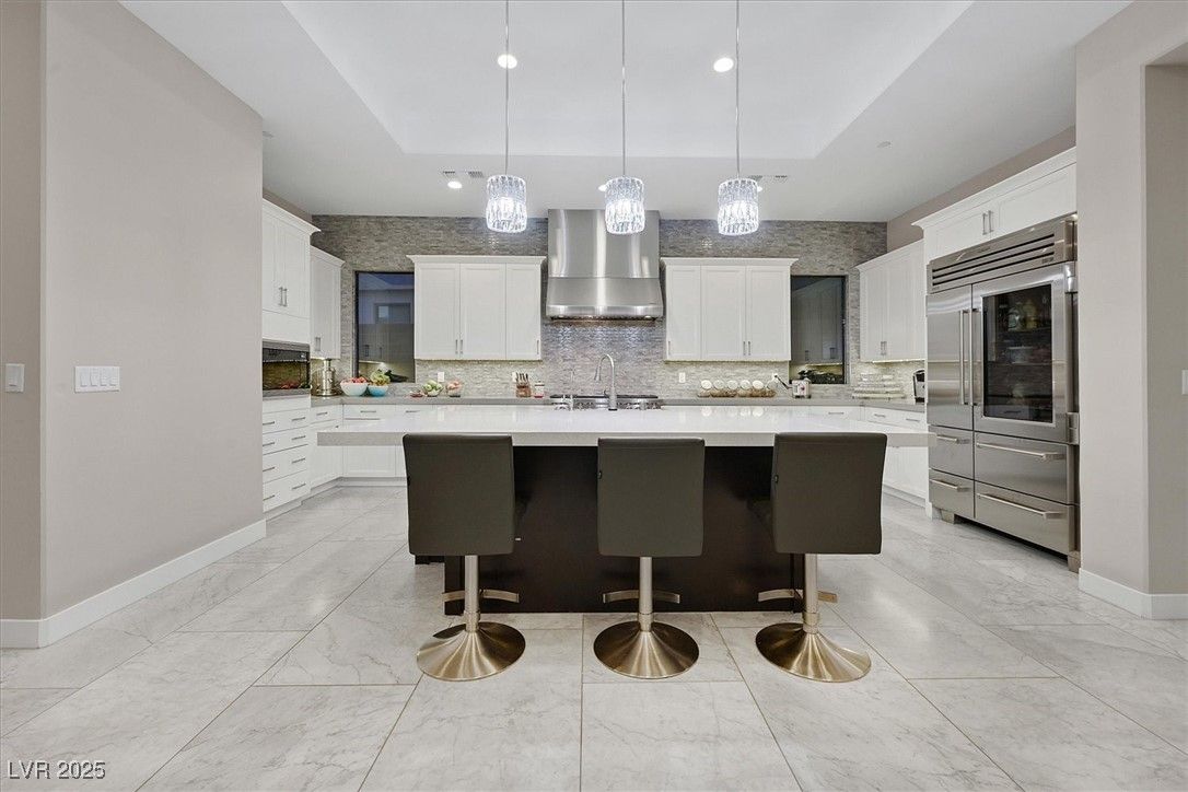 Interior, Kitchen, Marble, Pendant Lights, Recessed Lighting, Stainless Steel Appliances