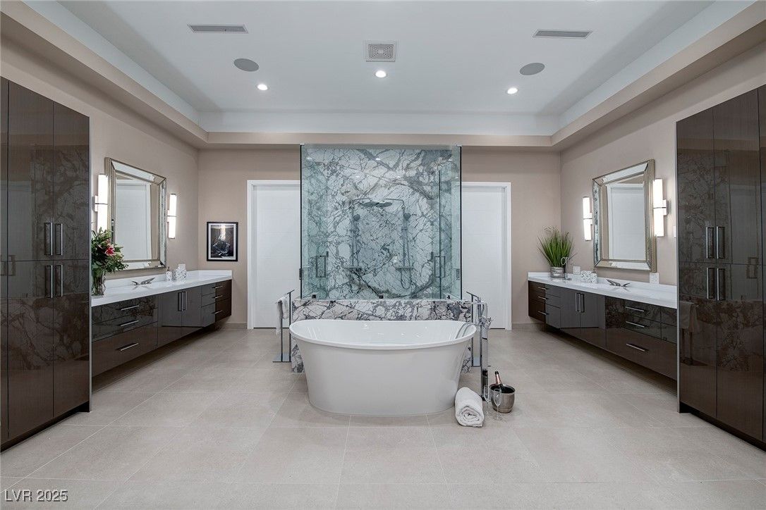 Bathroom, Dual Sink Vanities, Free Standing Baths, Interior, Marble Walls, Recessed Lighting