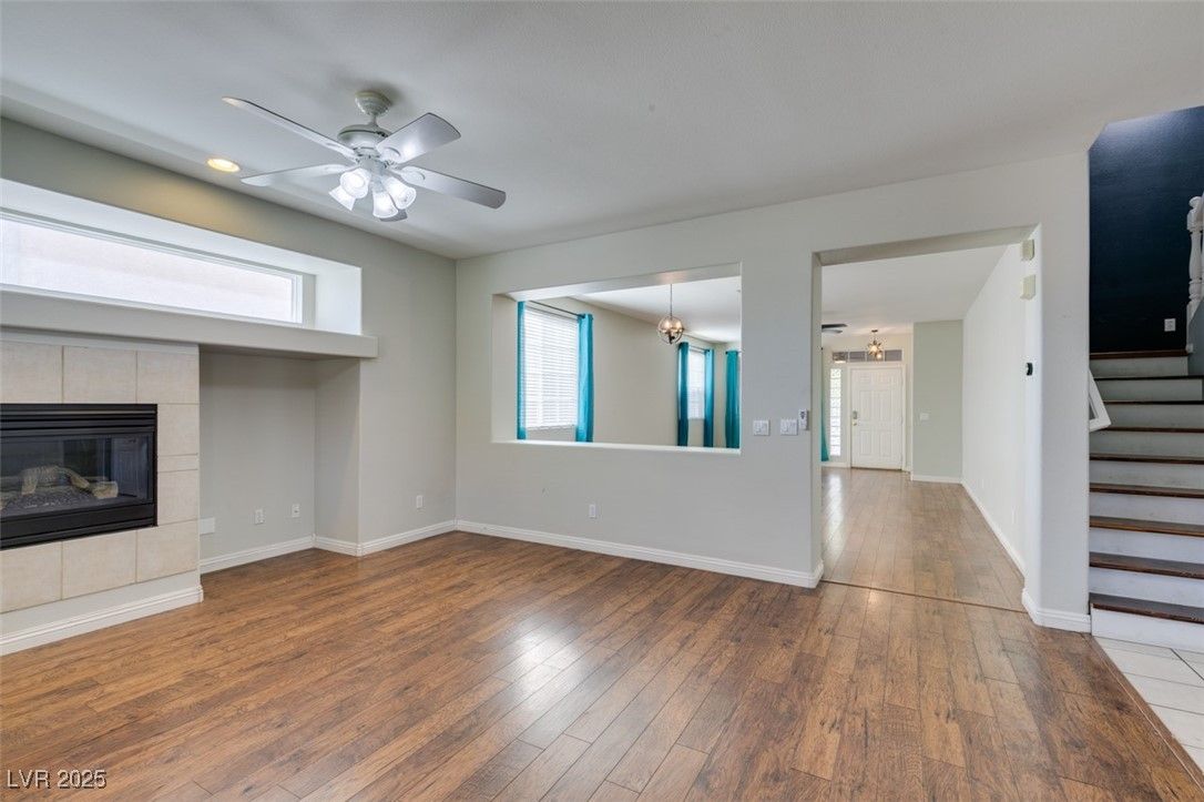 Empty room, Fireplace, Interior, Recessed Lighting, Wood Texture Flooring