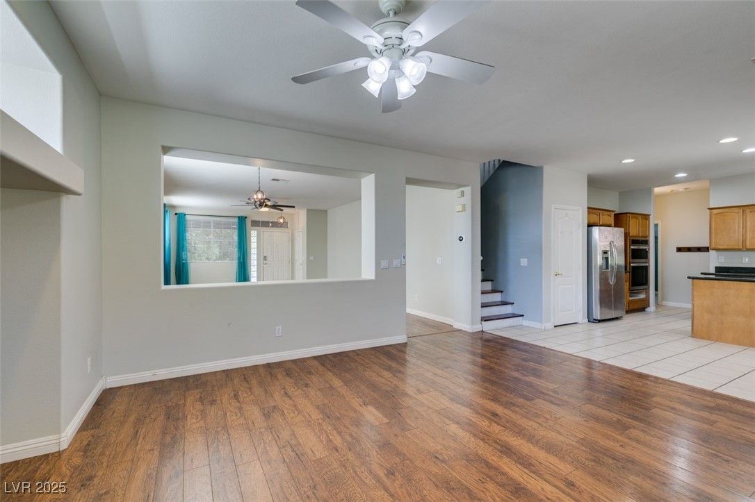 Chandelier, Empty room, Interior, Kitchen, Recessed Lighting, Wood Texture Flooring