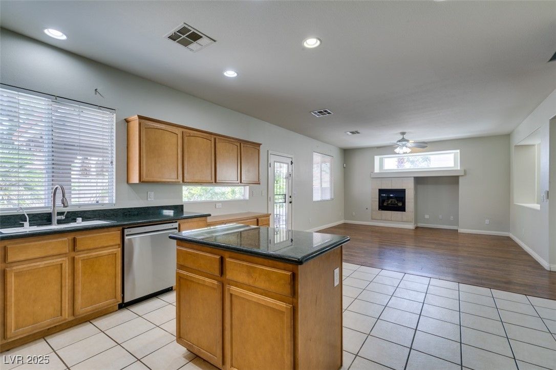 Fireplace, Interior, Kitchen, Recessed Lighting, Wood Texture Flooring