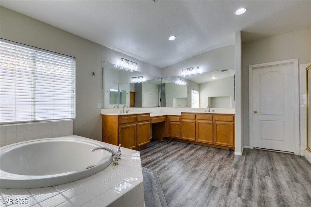 Bathroom, Dual Sink Vanities, Interior, Recessed Lighting, Wood Texture Flooring