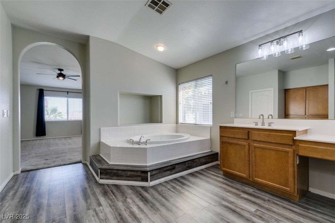 Bathroom, Dual Sink Vanities, Interior, Recessed Lighting, Wood Texture Flooring