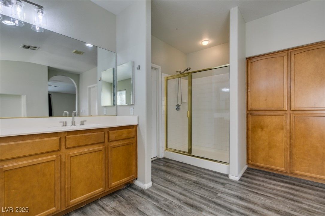 Bathroom, Glass Shower, Interior, Recessed Lighting, Wood Texture Flooring