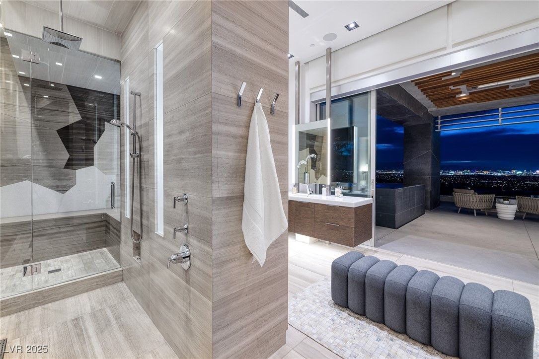 Bathroom, Glass Shower, Interior, Recessed Lighting, Wooden Ceilings