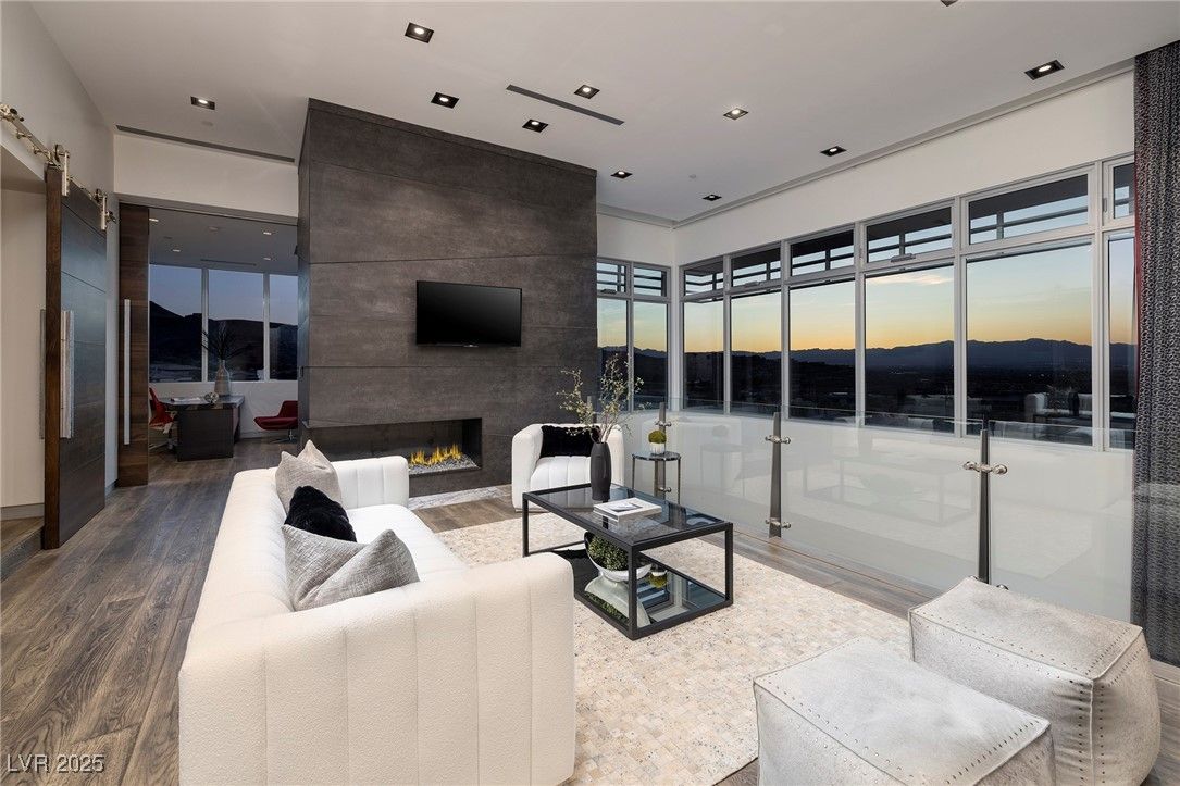 Fireplace, Interior, Living room, Recessed Lighting, Wood Texture Flooring