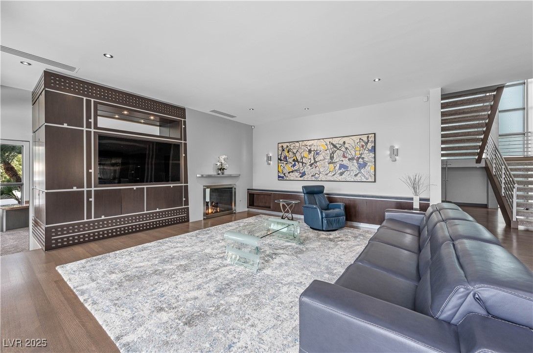 Fireplace, Interior, Living room, Recessed Lighting, Wood Texture Flooring