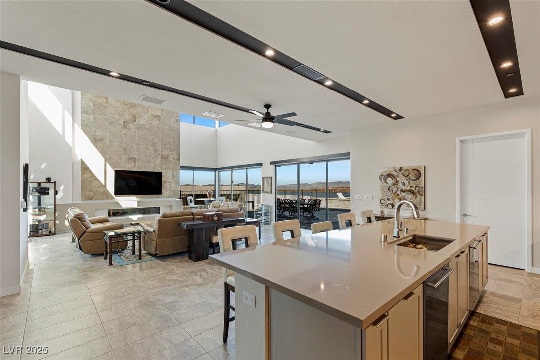Dining room, Fireplace, Interior, Kitchen, Living room, Recessed Lighting, Water
