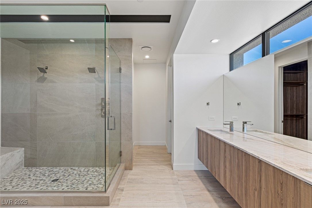 Bathroom, Dual Sink Vanities, Glass Shower, Interior, Recessed Lighting
