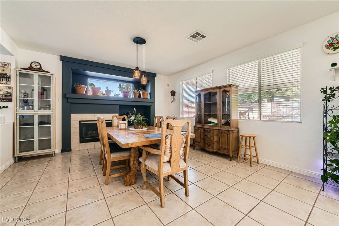 Dining room, Fireplace, Interior, Pendant Lights