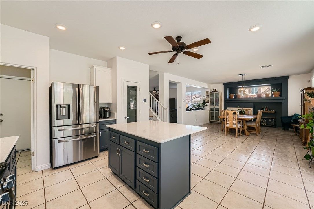 Dining room, Fireplace, Interior, Kitchen, Pendant Lights, Recessed Lighting, Stainless Steel Appliances