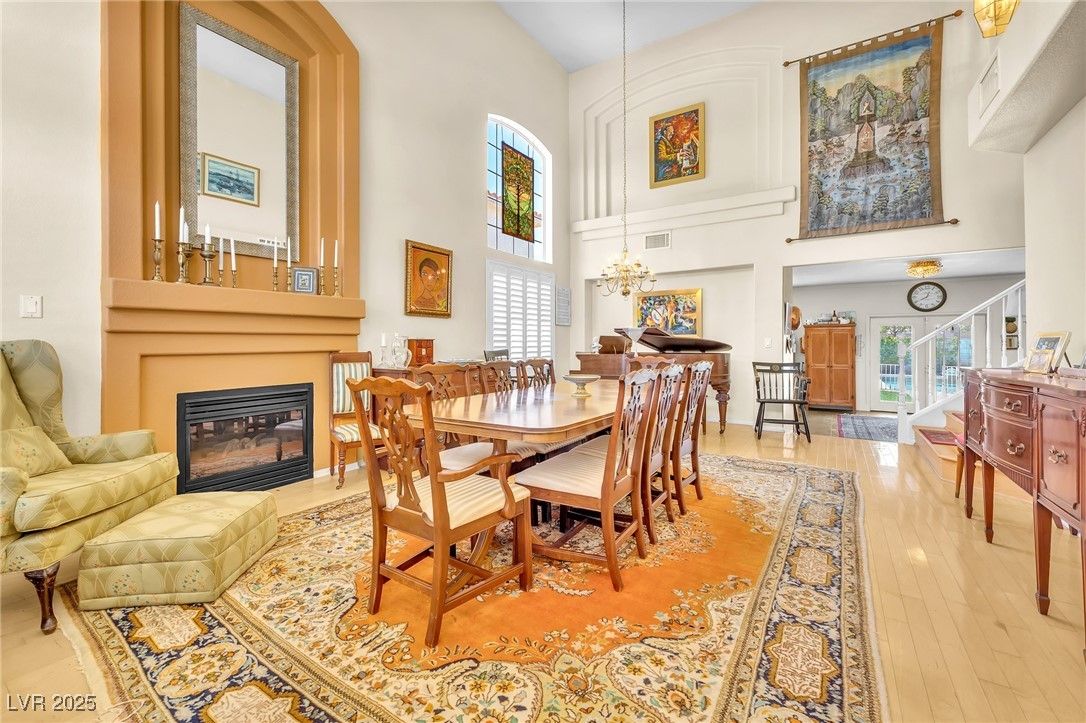 Dining room, Fireplace, Interior, Pendant Lights, Wood Texture Flooring