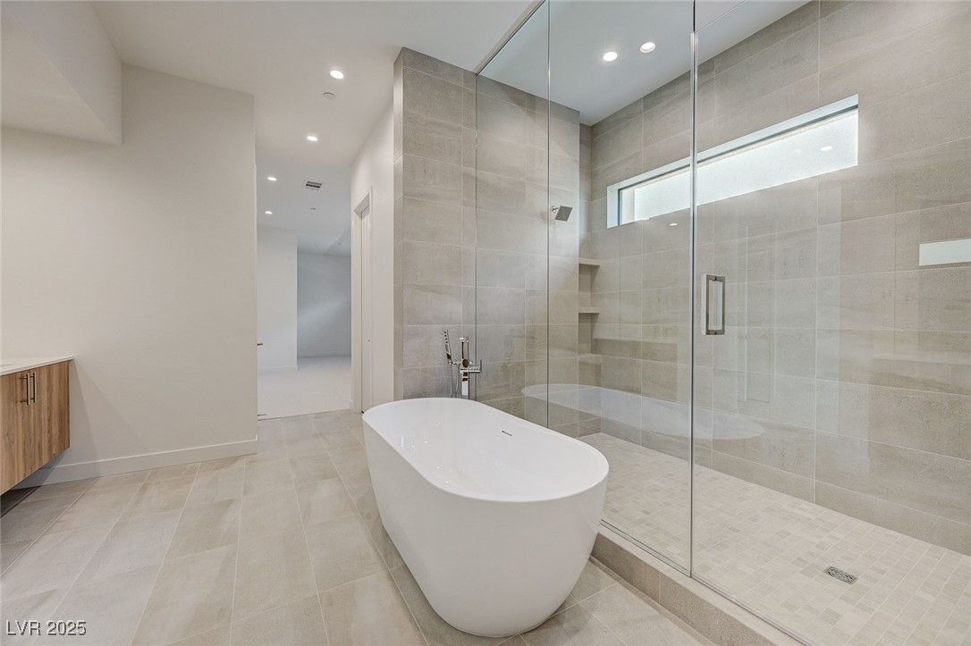 Bathroom, Free Standing Baths, Glass Shower, Interior, Recessed Lighting