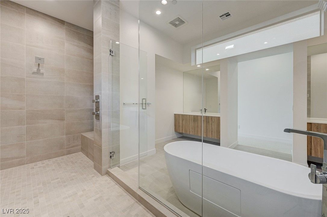 Bathroom, Free Standing Baths, Glass Shower, Interior, Recessed Lighting