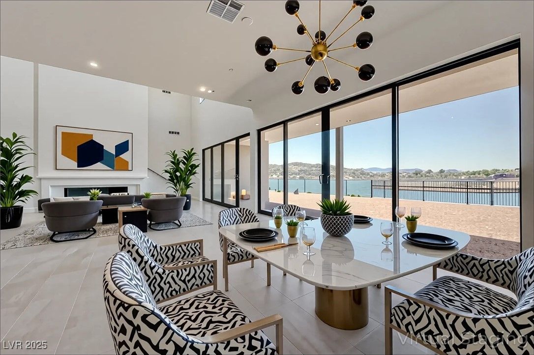 Dining room, Fireplace, Interior, Living room, Pendant Lights, Recessed Lighting, Water