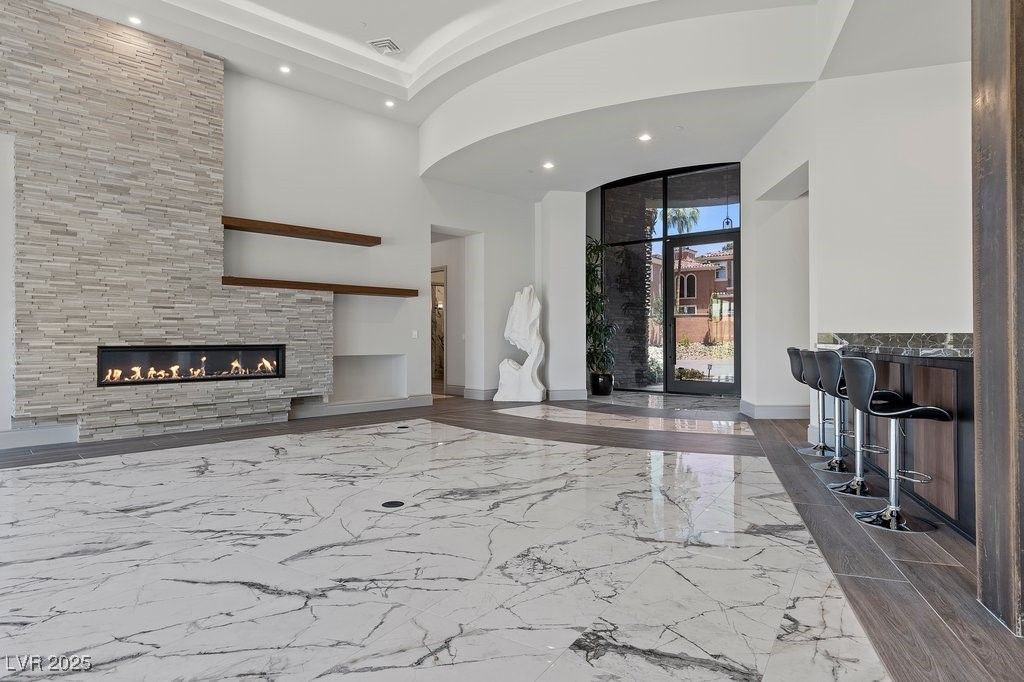 Fireplace, Interior, Marble, Recessed Lighting, Stone Walls