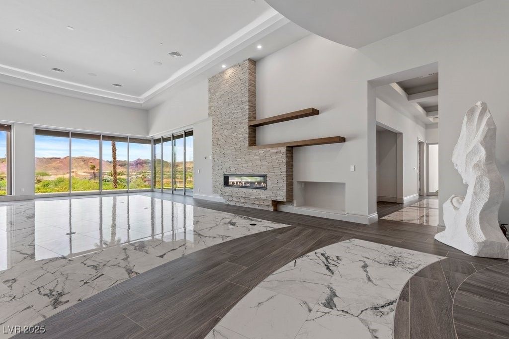 Empty room, Fireplace, Interior, Marble, Recessed Lighting
