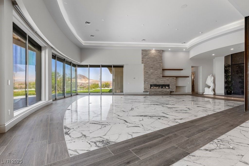Empty room, Fireplace, Interior, Marble, Recessed Lighting