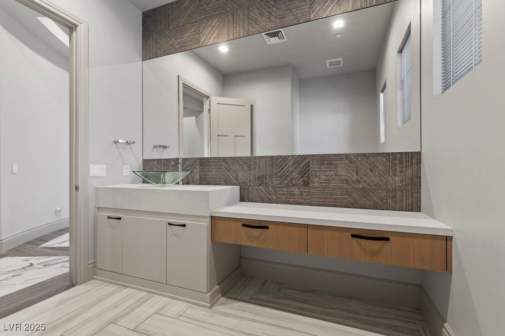 Bathroom, Interior, Marble, Recessed Lighting, Wood Texture Flooring