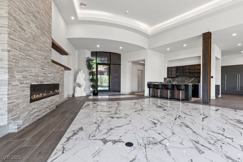 Fireplace, Interior, Marble, Recessed Lighting, Stone Walls
