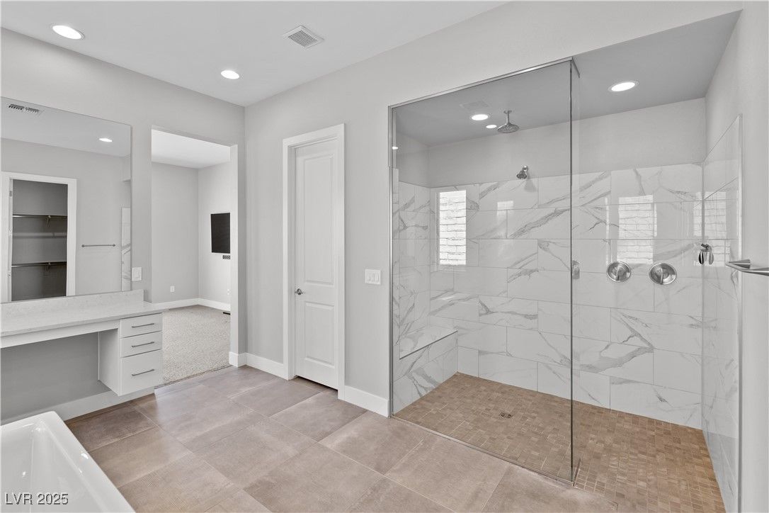 Bathroom, Glass Shower, Interior, Marble Walls, Recessed Lighting
