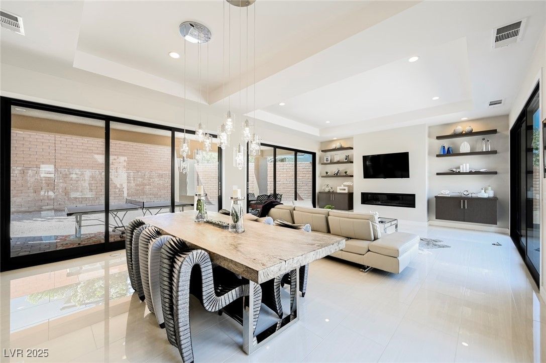 Dining room, Fireplace, Interior, Living room, Pendant Lights, Recessed Lighting