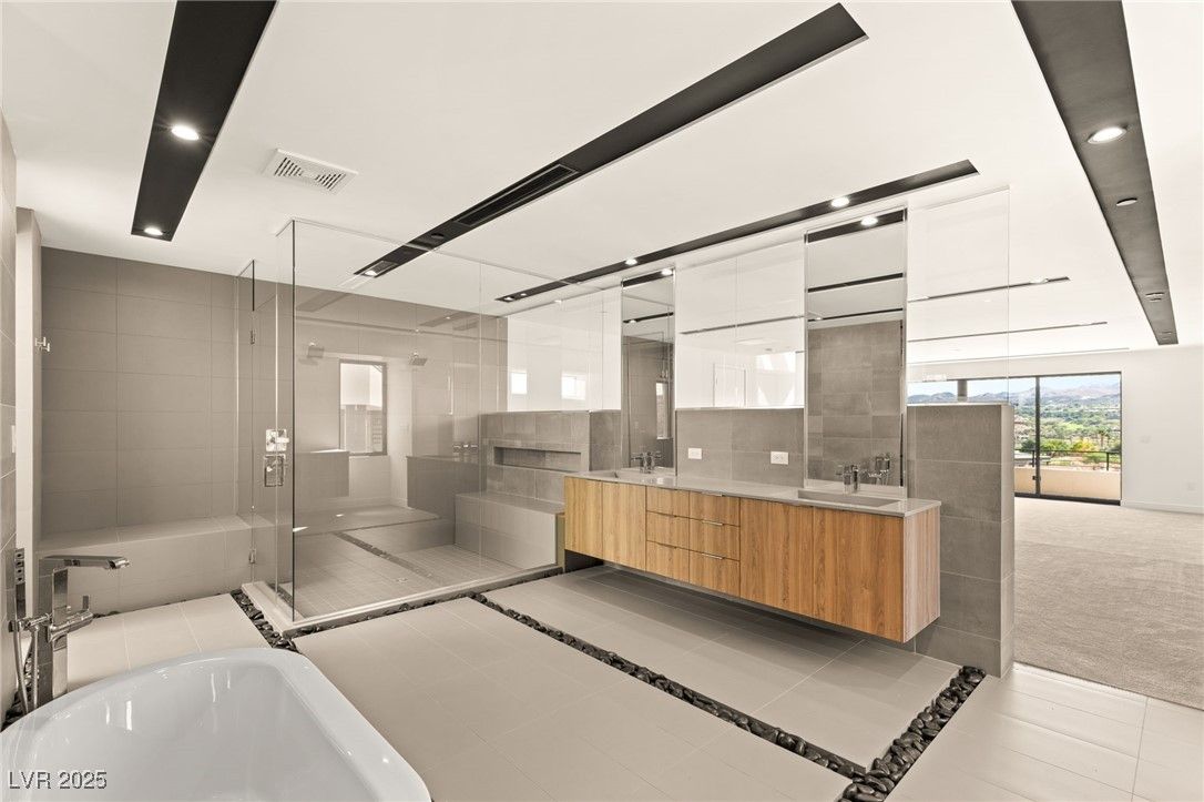 Bathroom, Dual Sink Vanities, Glass Shower, Interior, Recessed Lighting