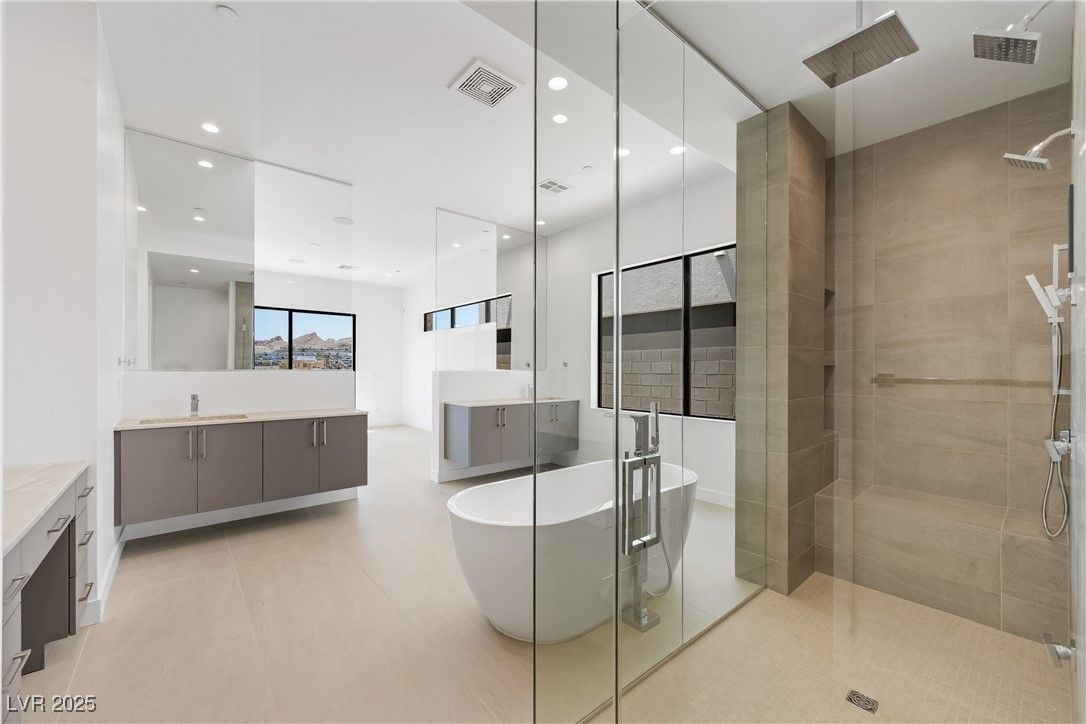 Bathroom, Dual Sink Vanities, Free Standing Baths, Glass Shower, Interior, Recessed Lighting