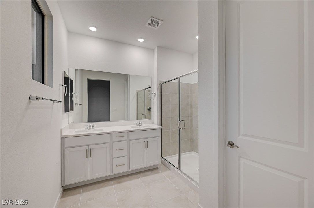 Bathroom, Dual Sink Vanities, Glass Shower, Interior, Recessed Lighting