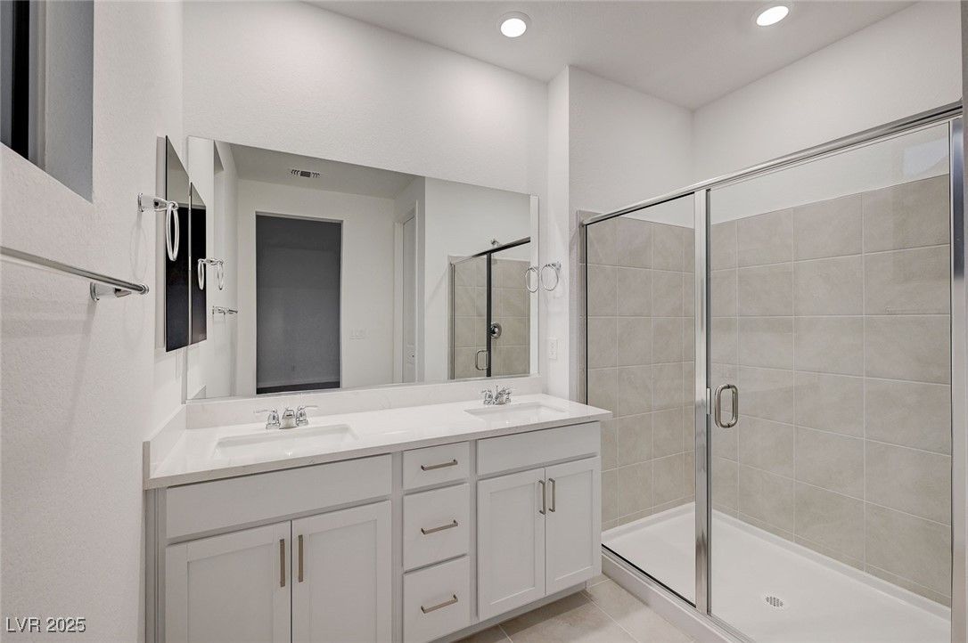 Bathroom, Dual Sink Vanities, Glass Shower, Interior, Recessed Lighting