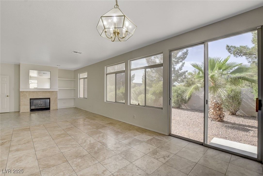 Chandelier, Empty room, Fireplace, Interior