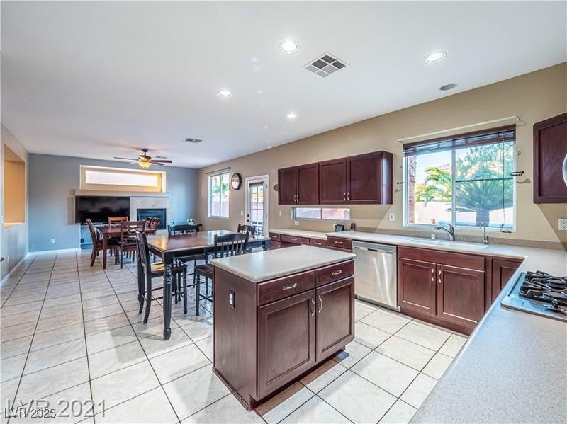 Dining room, Fireplace, Interior, Kitchen, Recessed Lighting