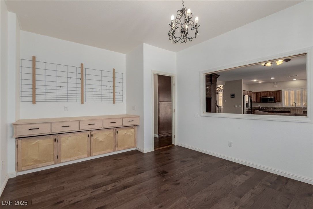 Chandelier, Empty room, Interior, Kitchen, Stainless Steel Appliances, Wood Texture Flooring