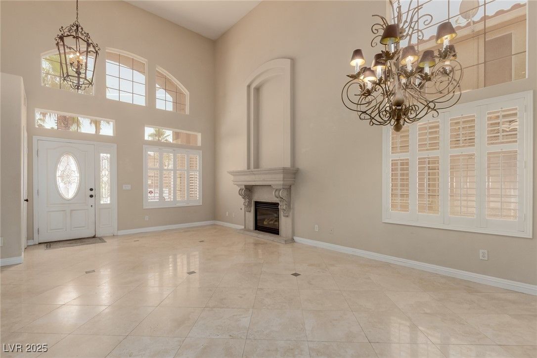 Chandelier, Fireplace, Interior