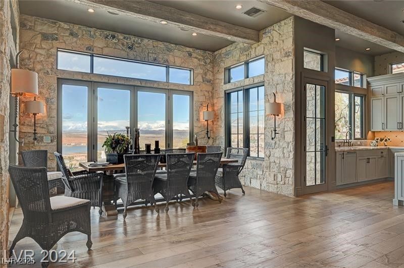 Dining room, Interior, Kitchen, Recessed Lighting, Stone Walls, Water, Wooden Beams, Wood Texture Flooring