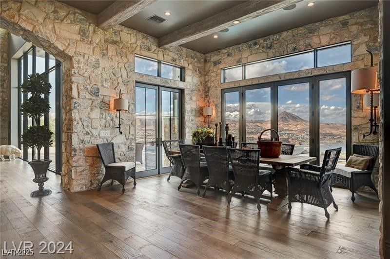 Dining room, Interior, Recessed Lighting, Stone Walls, Wooden Beams, Wood Texture Flooring