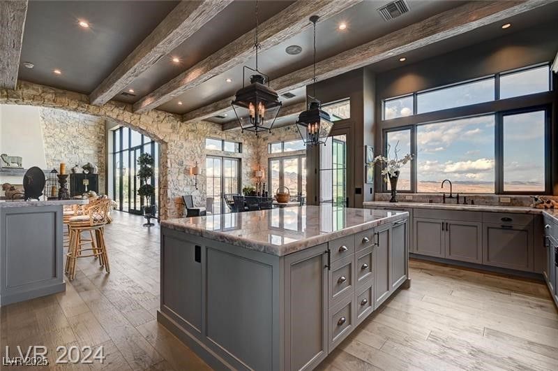 Interior, Kitchen, Pendant Lights, Recessed Lighting, Stone Walls, Wooden Beams, Wood Texture Flooring