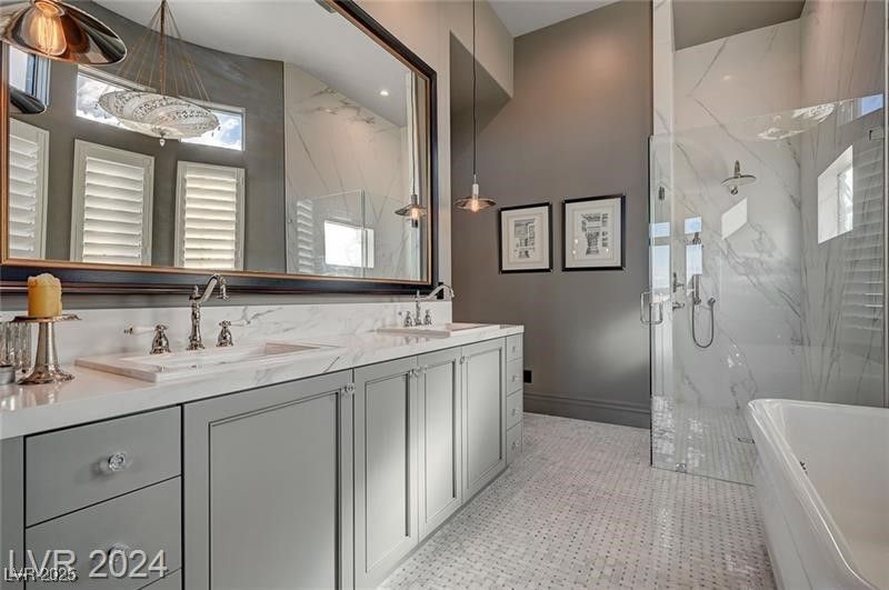 Bathroom, Dual Sink Vanities, Glass Shower, Interior, Marble Walls, Pendant Lights