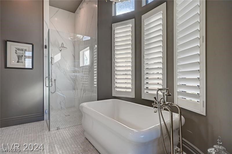 Bathroom, Free Standing Baths, Glass Shower, Interior, Marble Walls