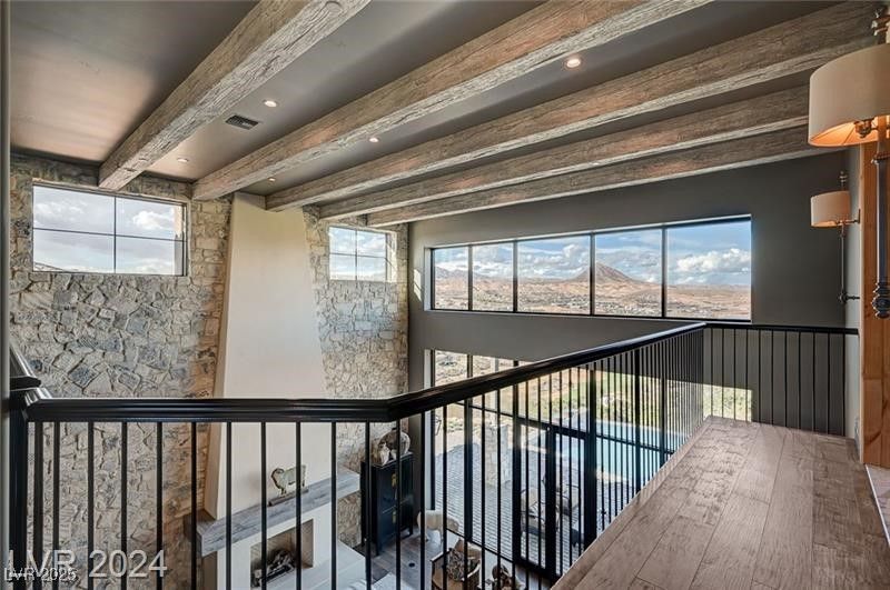 Interior, Recessed Lighting, Stone Walls, Wooden Beams, Wood Texture Flooring